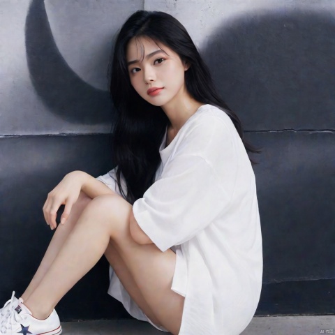  MAJICMIX STYLE, Chinese girl, black hair, innocent eyes, ordinary fingers, white pleated skirt, white low-top Converse canvas shoes, white socks, real facial expression, leaning against the wall, bruises on the legs, mugglelight