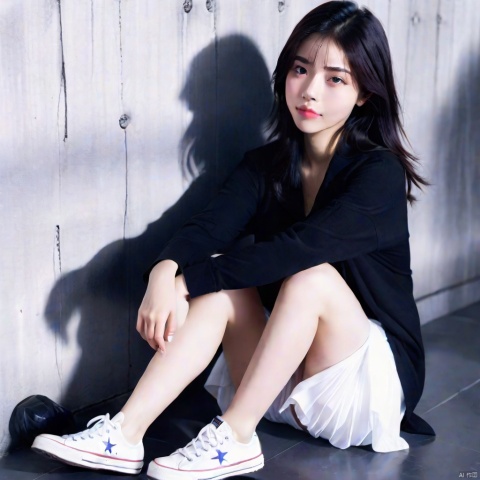 Chinese girl, black hair, white socks,innocent eyes, ordinary fingers, white pleated skirt, white low-top Converse canvas shoes, real facial expression, leaning against the wall, bruises on the legs, mugglelight