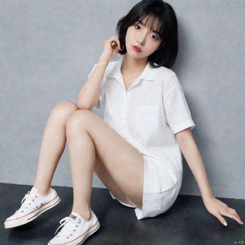 Chinese girl, black hair, white socks,innocent eyes, ordinary fingers, white pleated skirt, white low-top Converse canvas shoes, real facial expression, leaning against the wall, bruises on the legs, mugglelight