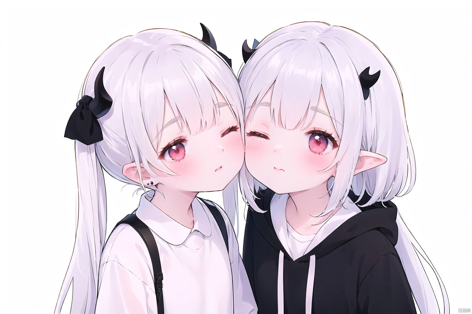 little girly, blush, bangs, multiple girls, simple background, shirt, red eyes, long sleeves, white background, 2girls, twintails, jewelry, closed mouth, closed eyes, white shirt, upper body, ahoge, grey hair, earrings, one eye closed, horns, pointy ears, hood, black shirt, thick eyebrows, hood down, kiss, cropped torso, short eyebrows, kissing cheek, Light master, 372089
