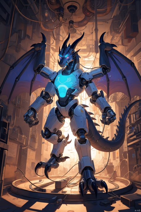  (1 dragon robot：1.5), (reptilian features：1.3), (smooth metallic body：1.5), (huge wings：1.4), (sharp talons and fangs：1.4), (glowing mechanical eyes：1.3), (energy collectors：1.2), (industrial interior：1.2), (extraction chamber：1.5), (sealed hatch：1.4), (cables and conduits：1.3), masterpiece, ultra-detailed, intricate, detailed lighting, light streaks, energy force fields, metal textures, animatronic, robotic expression, piercing gaze, menacing, predatory, merciless, hovering with wings spread, talons outstretched