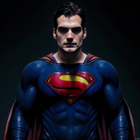 1boy,cougar,Short hair,black background,Realistic writing,Superman uniform,serious,dark,Look in the camera, mature male,Collateral beard