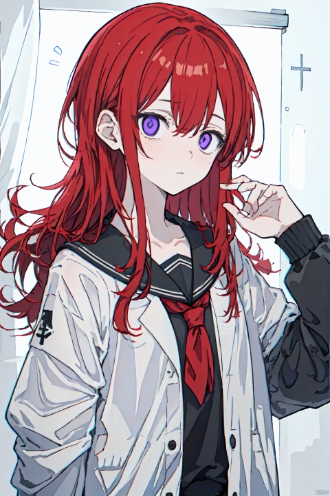 pale color,parameters,masterpiece,best quality,1girl,looking at viewer,tachi-e,loli ,solo, red hair, long hair,(curtained hair),cross tie,purple eyes,beauty face,(surprised),surprised,black serafuku, black shirt, upper body,simple background,white background,drop shadow, 