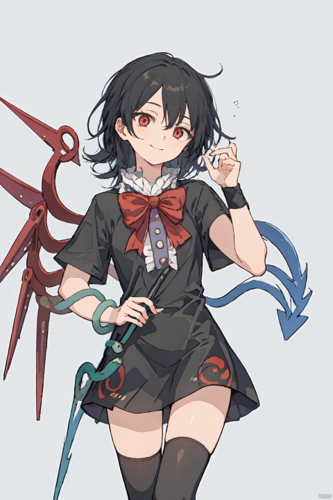 masterpiece, best quality, 1girl,houjuu nue, black hair,short hair,red eyes,red bow,short sleeves,wristband,snake,,black dress,black thighhighs,asymmetrical wings,grey background, smile