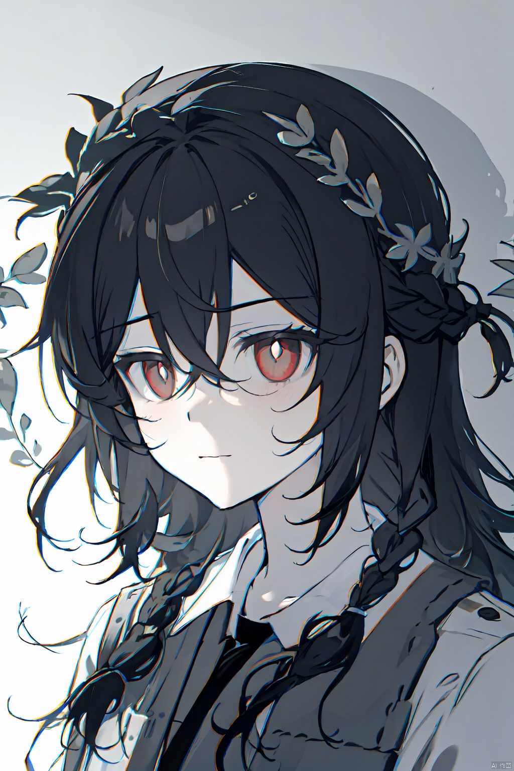  greyscale,masterpiece,best quality,1girl,facial shadows,demons in the dark, snake eyes,(((shaded face))),Kohiruimaki Karen,red eyes,(((laurel wreath))),(beautiful detailed eyes),lit pupils,cold attitude,oppressive fear,anime coloring,bangs,black hair,braid,closed mouth,hair between eyes,long hair,solo,turtleneck,upper body,