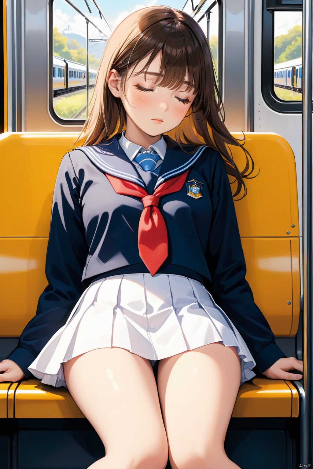 best quality, depth of field, school uniform, beautiful detailed illustration,amazing art,(((Extremely detailed))), sitting 1girl,bangs,female high-school student,sleeping,Closed eyes,WHITE panties,skirt, ,from FRONT ,((), On the train, a young woman is sleeping contentedly. Through the gap between her legs and skirt, her panties can be seen. As the vehicle rocks, her peaceful expression and gentle breathing create a calming atmosphere ,kky art, good body,, full body:1.3, wide view shot:1.3