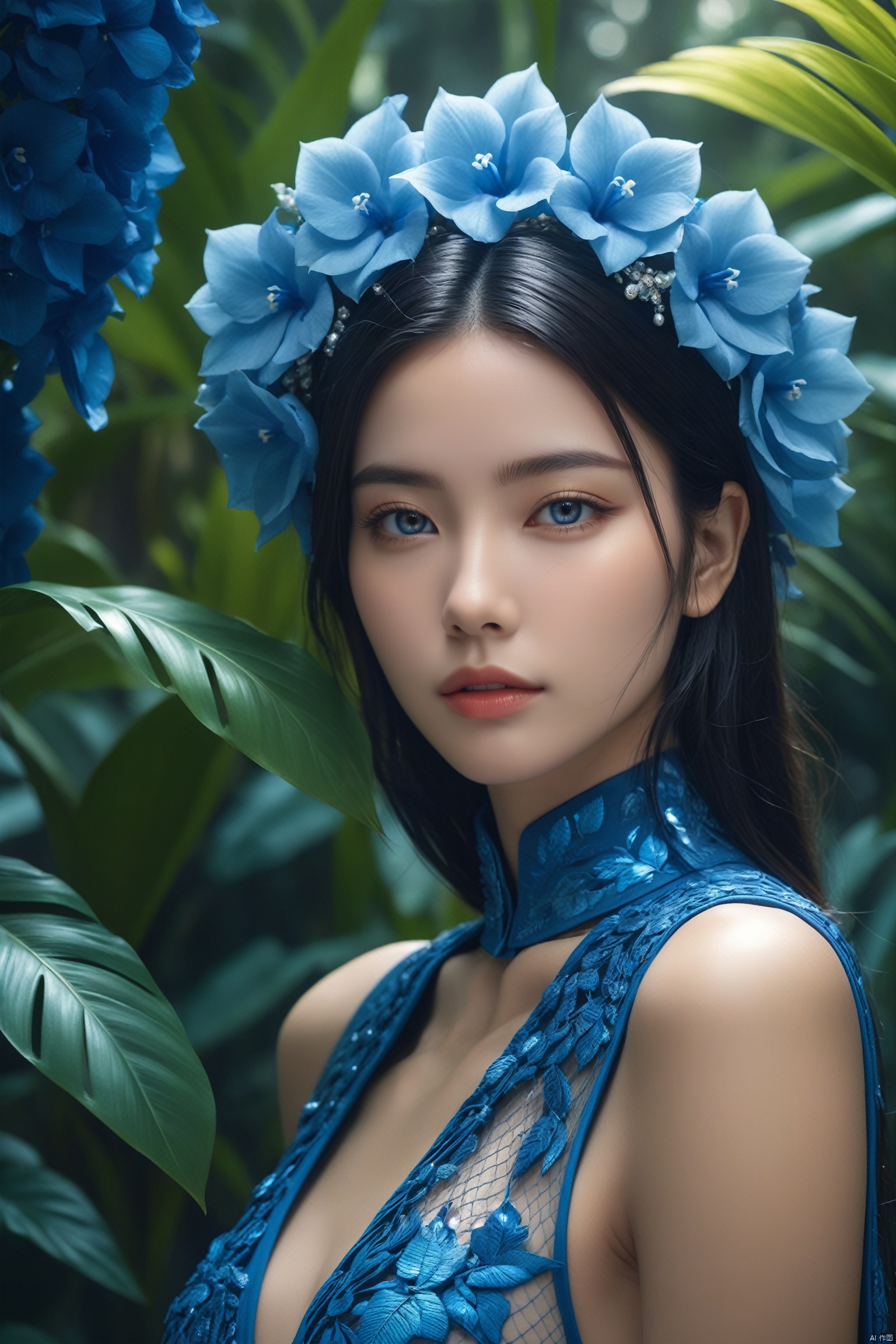 fashion photography portrait of blue human avatar, in blue lush jungle with flowers and birds, 3d render, cgi, symetrical, octane render, 35mm, bokeh, 9:16, (intricate details:1.12), hdr, (intricate details, hyperdetailed:1.15), (natural skin texture, hyperrealism, soft light, sharp:1.2)