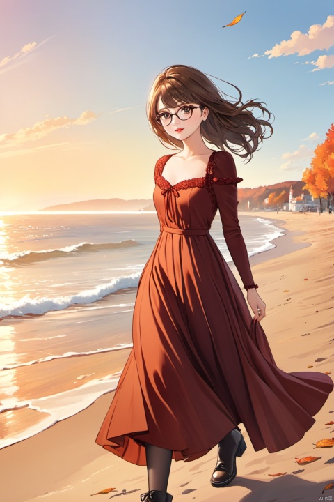 (masterpiece, best quality, official art), 1girl, 16-year-old, lovable girl, solo, brown hair, red lip, charming breast, autumn, glasses, full of youthful energy, full of a romantic atmosphere , autumn fashion, long silk dress, warm colors, soft sunlight, (walking on the beach), look at the viewer, horizon, detailed background, hands