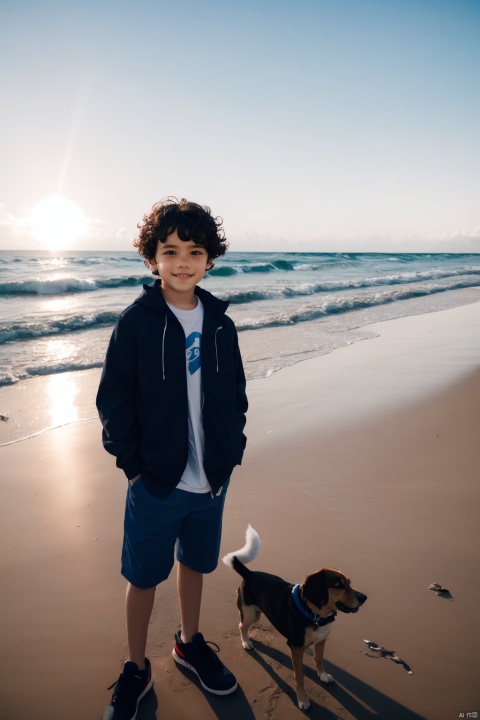 10-year-old boy with wavy hair, and a dog on the beach, backlight, taken with a Canon camera.