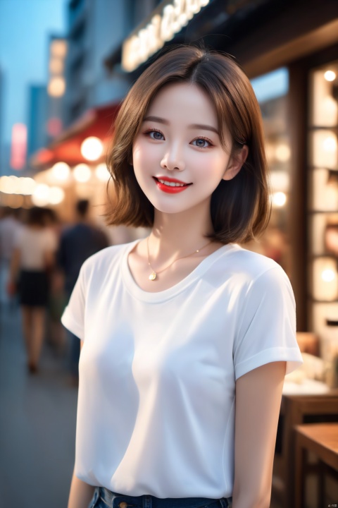  A girl wearing a white T-shirt appears alone in the photo, with full cheeks, double eyelids, almond-shaped eyes, blue pupils, slender figure, ample chest, deep brown medium-length hair, perfect lip shape, showing natural teeth when smiling, warm expression, warm gaze, red lips, necklace, hair and clothes hanging down from the top, facing away, background is a city micro-landscape taken from a high-angled view (masterpiece: 1.2), top quality, masterpiece, outstanding field, original work, highly detailed wallpaper, perfect lighting (highly detailed CG: 1.2), painting, folded strokes., 1girl