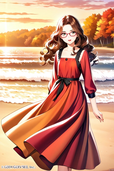 (masterpiece, best quality, official art), 1girl, 16-year-old, lovable girl, solo, brown hair, red lip, small breast, autumn, glasses, full of youthful energy, full of a romantic atmosphere , autumn fashion,long silk dress, warm colors, soft sunlight, walking on the beach, look at the viewer, horizon, detailed background, hands