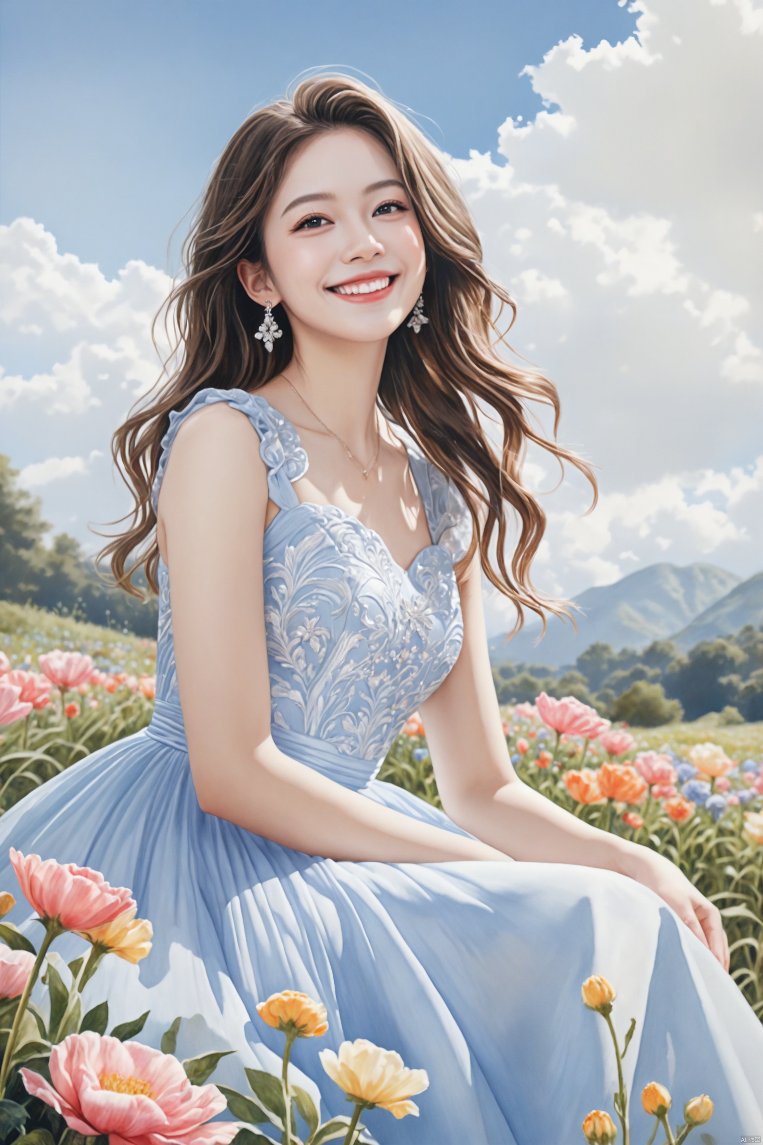  masterpiece, best quality, official art, ultra-detailed,1 girl, solo, A mesmerizing girl sitting on a rock and a field full of flowers, (beautiful and aesthetic:1.2), portrait, extreme detailed, highest detailed, photorealistic, blue sky, white cloud, dress, smile, happy, full body shot,(from side), (from below:1.2), watercolor \(medium\), hands