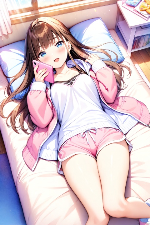  masterpiece, best quality, official art, ultra-detailed, 1girl, blue eyes, phone, snack, on back, lying, cellphone, window, solo, long hair, looking at viewer, holding, smile, open mouth, books, indoors, jacket, brown hair, blush, collarbone, slippers, shorts, holding phone, hood, bangs, short shorts, pillow, open clothes, shirt, pink shorts, open jacket, pink jacket, breasts, long sleeves, handheld game console