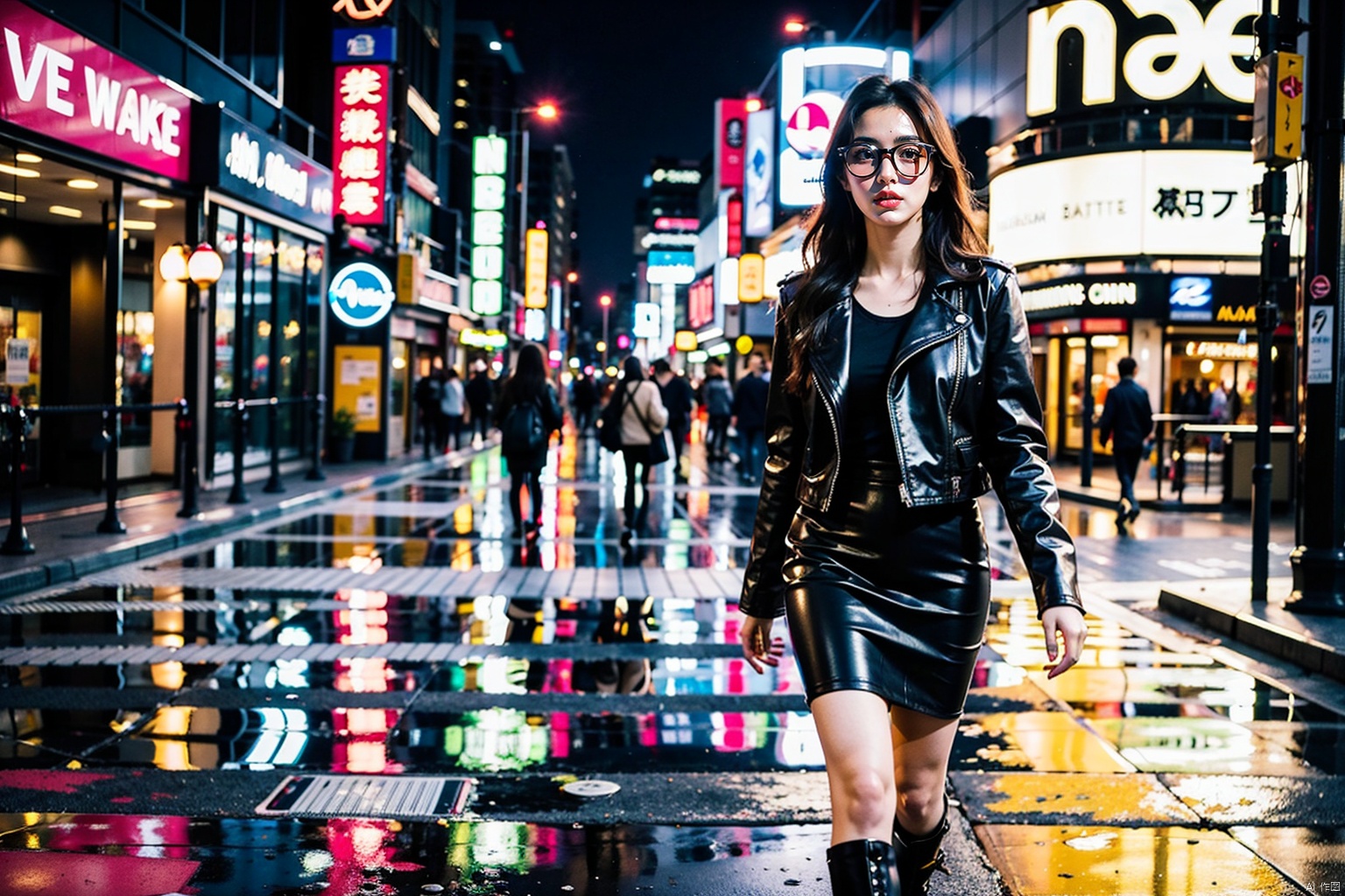  Best quality, masterpiece, half body close-up, A stylish woman walks down a Tokyo street filled with warm glowing neon and animated city signage. She wears a black leather jacket, a long red dress, and black boots, and carries a black purse. She wears sunglasses and red lipstick. She walks confidently and casually. The street is damp and reflective, creating a mirror effect of the colorful lights. Many pedestrians walk about.