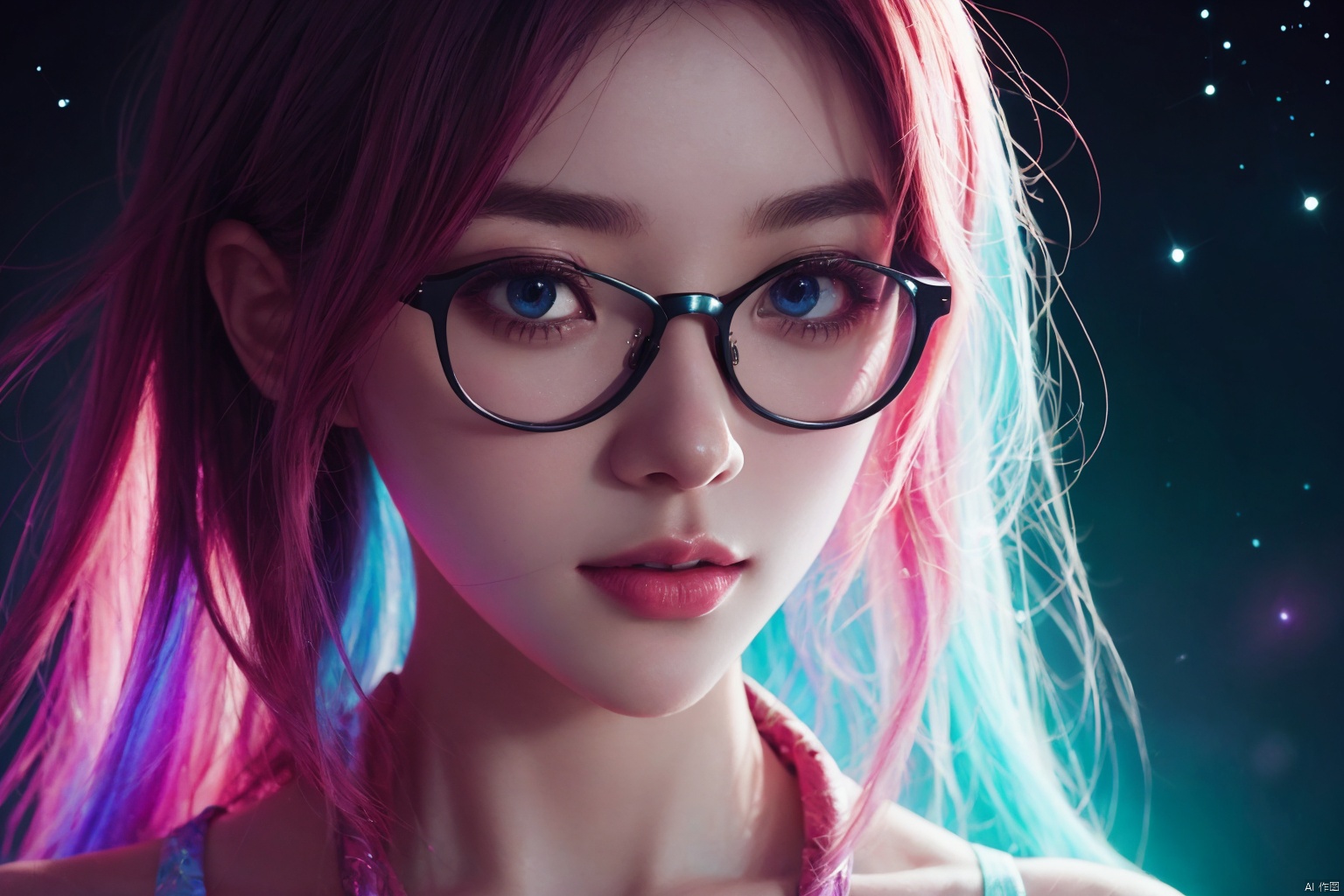  masterpiece, best quality, official art, ultra-detailed,a close up of a person wearing glasses, anime girl with cosmic hair, glowing neon vray, loish and ross tran, trending on art, rainbow overlay! beautifully lit, aesthetic cute with flutter, a hologram, kuvshinov ilya