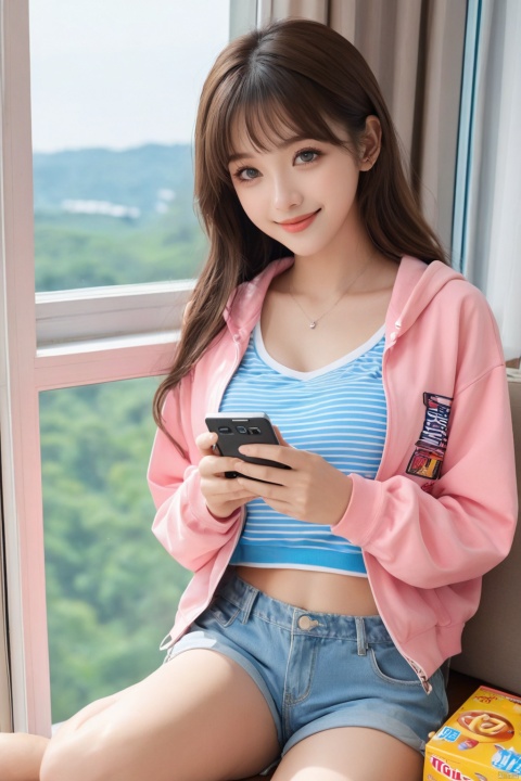 masterpiece, best quality, official art, ultra-detailed, 1girl, blue eyes, phone, snack, on back, lying, cellphone, window, solo, long hair, looking at viewer, holding, smile, open mouth, books, indoors, jacket,  brown hair, blush, collarbone, slippers, shorts, holding phone, hood, bangs, short shorts, pillow, open clothes, shirt, pink shorts, open jacket, pink jacket, breasts, long sleeves, handheld game console