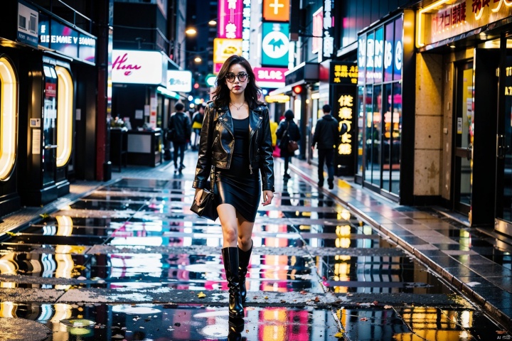  Best quality, masterpiece, A stylish woman walks down a Tokyo street filled with warm glowing neon and animated city signage. She wears a black leather jacket, a long red dress, and black boots, and carries a black purse. She wears sunglasses and red lipstick. She walks confidently and casually. The street is damp and reflective, creating a mirror effect of the colorful lights. Many pedestrians walk about.