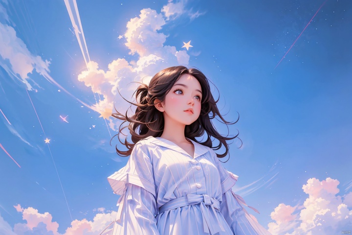high quality, masterpieces, (looking up:1.4), 1girl, sky, solo, black hair, cloud, star (sky), night, railing, sweater, outdoors, rooftop, starry sky, night sky, medium hair, letterboxed, stars, long sleeves, closed mouth, looking afar, messy hair, cloudy sky,Looking Angle,Lean over the fence,(from below:1.3),Side face,the girl look at the sky, watercolor \(medium\), Light-electric style,shining