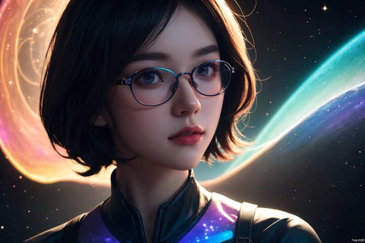  masterpiece, best quality, official art, ultra-detailed,a close up of a person wearing glasses, anime girl with cosmic hair, glowing neon vray, loish and ross tran, trending on art, rainbow overlay! beautifully lit, aesthetic cute with flutter, a hologram, kuvshinov ilya