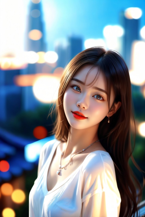  (masterpiece: 1.2), top quality, masterpiece, outstanding field, highly detailed wallpaper, perfect lighting (highly detailed CG: 1.2), painting, 1girl, solo, A girl wearing a white T-shirt appears alone in the photo, with full cheeks, double eyelids, almond-shaped eyes, blue pupils, slender figure, ample chest, deep brown medium-length hair, perfect lip shape, showing natural teeth when smiling, warm expression, warm gaze, red lips, necklace, hair and clothes,looking up at the camera,hanging down from the top, facing away, background is a city micro-landscape taken from a high-angled view