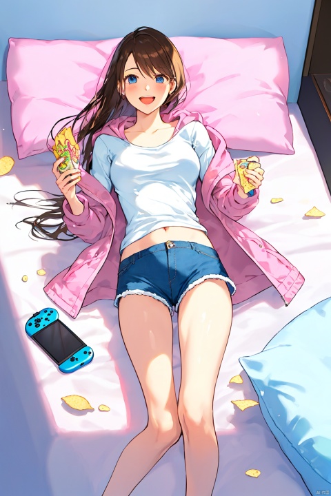 masterpiece, best quality, official art, ultra-detailed, 1girl, blue eyes, phone, chips (food), on back, lying, cellphone, window, solo, long hair, cat, looking at viewer, holding, smile, open mouth, potato chips, food, indoors, jacket, smartphone,  brown hair, blush, collarbone, slippers, shorts, holding phone, bag of chips, hood, bangs, short shorts, pillow, open clothes, shirt, pink shorts, open jacket, pink jacket, breasts, nintendo switch, long sleeves, animal, handheld game console