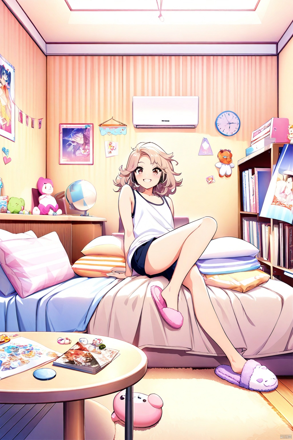 (masterpiece, best quality, official art), ultra-detailed, illustration, 1 girl, sitting, playful, gaming, messy room, teenage, 15 years old, lighthearted, cozy, relaxed, cheerful, fondness, love, friendship, cute, touching, computer game, controllers, smiles, joy, laughter, comfortable, slippers, pajamas, messy hair, tousled, disarray, cluttered, toys, posters, pillows, blankets, lamp, desk, chair, cozy atmosphere, warm lighting, bright colors, soft pastels, flowers, plants, books, headphones, snacks, soda, energy drinks, manga, novels, plushies, figurines, posters, pictures, posters, wall scrolls, stickers, decorations, bed, blankets, pillows, stuffed animals, cozy blankets, warm blankets, comfortable clothes, casual attire, leisure wear, sweatshirt, sweatpants, shorts, t-shirt, **** top, socks, Light-electric style