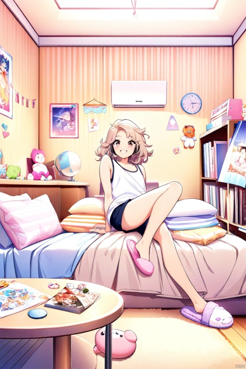 (masterpiece, best quality, official art), ultra-detailed, illustration, 1 girl, sitting, playful, gaming, messy room, teenage, 15 years old, lighthearted, cozy, relaxed, cheerful, fondness, love, friendship, cute, touching, computer game, controllers, smiles, joy, laughter, comfortable, slippers, pajamas, messy hair, tousled, disarray, cluttered, toys, posters, pillows, blankets, lamp, desk, chair, cozy atmosphere, warm lighting, bright colors, soft pastels, flowers, plants, books, headphones, snacks, soda, energy drinks, manga, novels, plushies, figurines, posters, pictures, posters, wall scrolls, stickers, decorations, bed, blankets, pillows, stuffed animals, cozy blankets, warm blankets, comfortable clothes, casual attire, leisure wear, sweatshirt, sweatpants, shorts, t-shirt, tank top, socks, Light-electric style