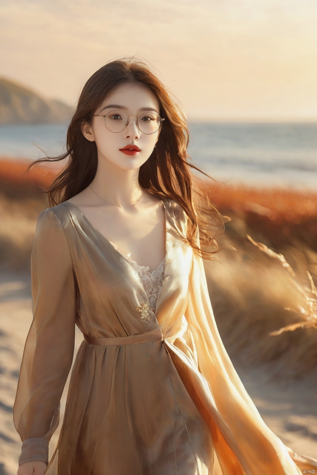 (masterpiece, best quality, official art), 1girl, 18-year-old, lovable girl, solo, brown hair, red lip, small breast, autumn, glasses, full of youthful energy, full of a romantic atmosphere , autumn fashion,long silk dress, warm colors, soft sunlight, walking on the beach, look at the viewer, horizon, detailed background, hands