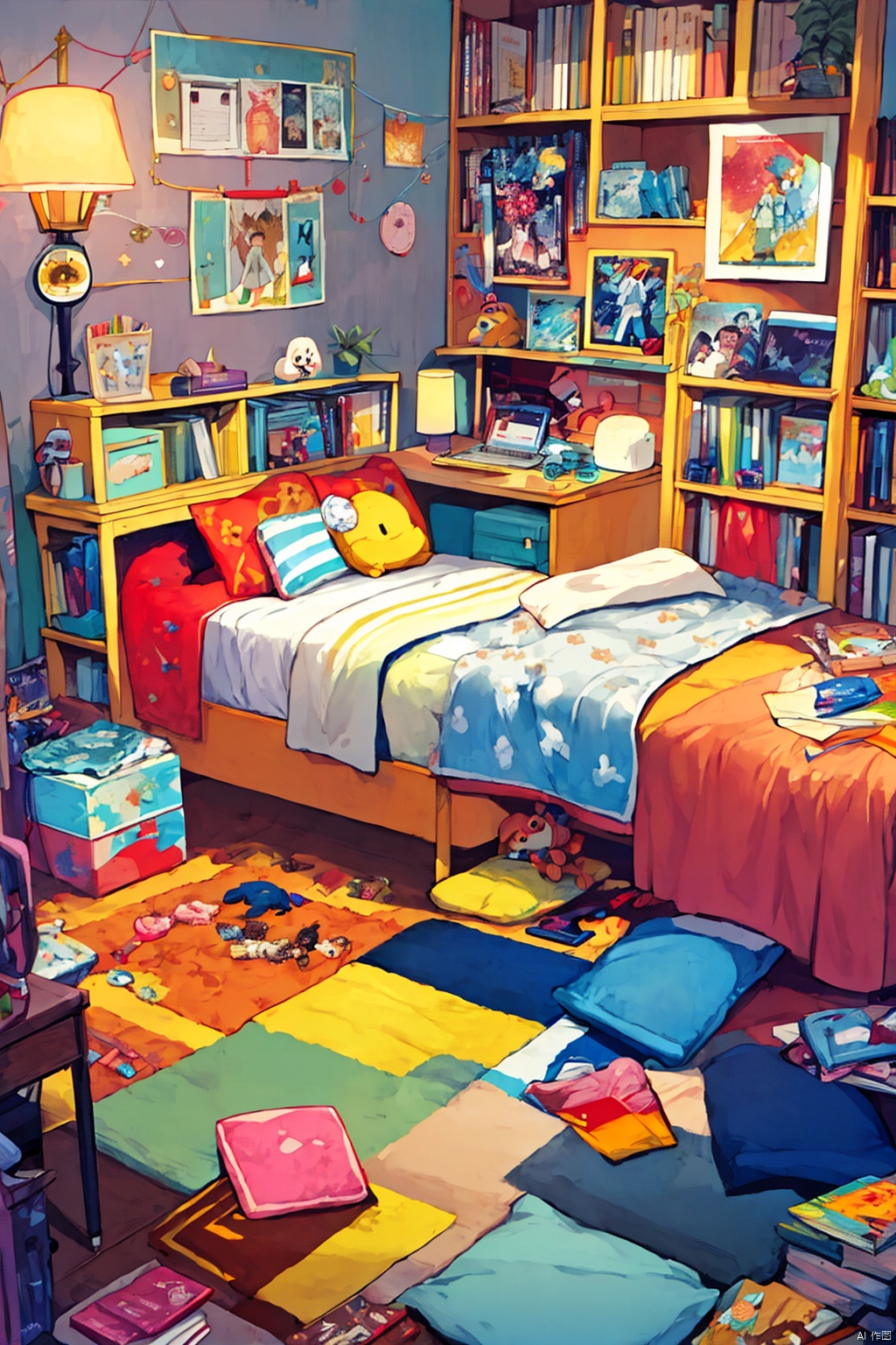 (masterpiece, best quality, official art), ultra-detailed, illustration, 1 girl, sitting, playful, gaming, messy room, teenage, 15 years old, lighthearted, cozy, relaxed, cheerful, fondness, love, friendship, cute, touching, computer game, controllers, smiles, joy, laughter, comfortable, slippers, pajamas, messy hair, tousled, disarray, cluttered, toys, posters, pillows, blankets, lamp, desk, chair, cozy atmosphere, warm lighting, bright colors, soft pastels, flowers, plants, books, headphones, snacks, soda, energy drinks, manga, novels, plushies, figurines, posters, pictures, posters, wall scrolls, stickers, decorations, bed, blankets, pillows, stuffed animals, cozy blankets, warm blankets, comfortable clothes, casual attire, leisure wear, sweatshirt, sweatpants, shorts, t-shirt, **** top, socks, Light-electric style