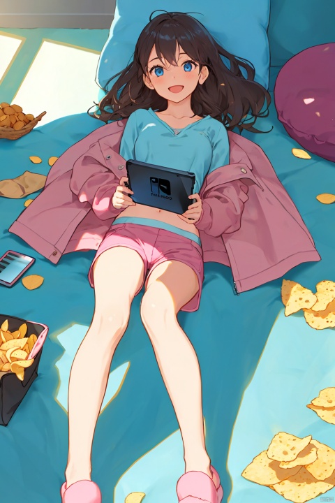 masterpiece, best quality, official art, ultra-detailed, 1girl, blue eyes, phone, chips (food), on back, lying, cellphone, window, solo, long hair, cat, looking at viewer, holding, smile, open mouth, potato chips, food, indoors, jacket, smartphone,  brown hair, blush, collarbone, slippers, shorts, holding phone, bag of chips, hood, bangs, short shorts, pillow, open clothes, shirt, pink shorts, open jacket, pink jacket, breasts, nintendo switch, long sleeves, animal, handheld game console