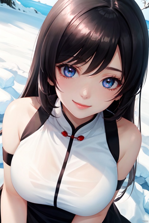  26-year-old Chinese girl. Beautiful, with long shoulders. Fair skin. High definition. Cute smile. Big eyes. Fluttery. Looking forward to her lover's appearance, looking up in the snow, best quality, masterpiece, high definition, original, very detailed wallpaper, perfect lighting, (very detailed CG: 1.2), a girl, lonely, black hair, black eyes, smiling, Anime
