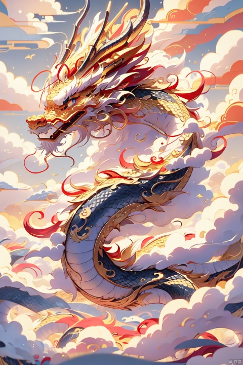  Chinese dragon, golden scales, clouds, beard, mystery, (\long wang ga mal)