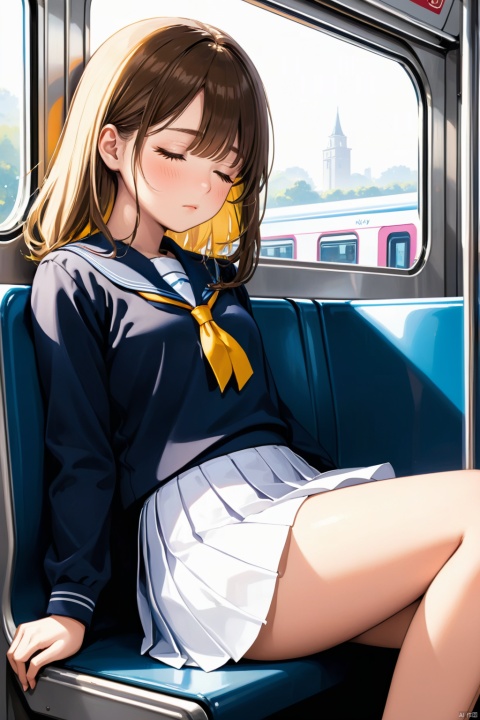best quality, depth of field, school uniform, beautiful detailed illustration,amazing art,(((Extremely detailed))), sitting 1girl,bangs,female high-school student,sleeping,Closed eyes,WHITE panties,skirt, ,from FRONT ,((), On the train, a young woman is sleeping contentedly. Through the gap between her legs and skirt, her panties can be seen. As the vehicle rocks, her peaceful expression and gentle breathing create a calming atmosphere ,kky art, good body,, full body:1.3, wide view shot:1.3