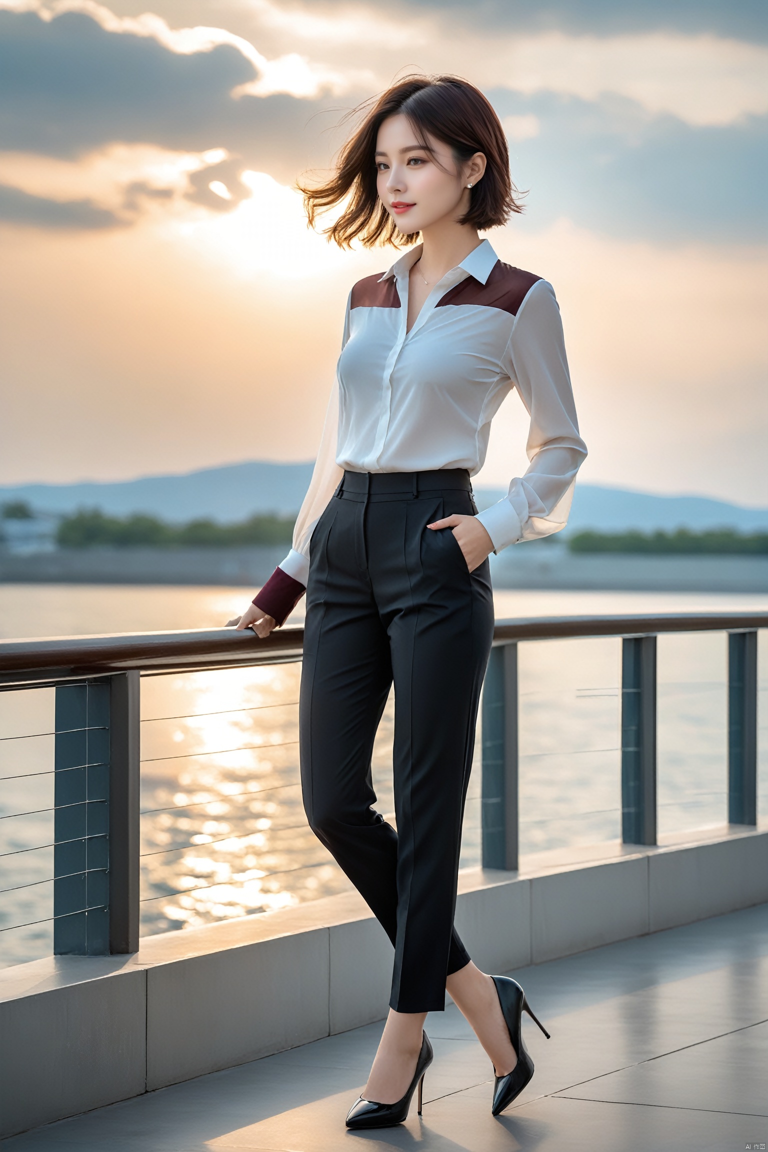 8K, high-quality photo features a professional girl outdoors as the protagonist.(adjusting hair:1.5)(pantyhose:1.2), (short buttoneddownshirt:1.2) She was wearing a black professional suit and short sleeved shirt, with the collar button tightly fastened. Her attire also includes tight pants, bras, and high heels. Her earrings are exquisite, with a smile on her face, a tightly closed mouth, a small chest, and meticulous eyes. Her short hair fluttered in the wind, and the background was a delicate sky.