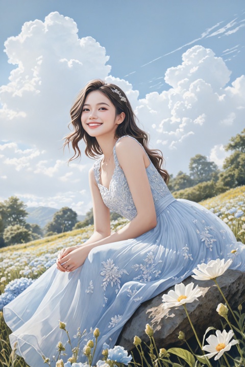  masterpiece, best quality, official art, ultra-detailed,1 girl, solo, A mesmerizing girl sitting on a rock and a field full of flowers, (beautiful and aesthetic:1.2), portrait, extreme detailed, highest detailed, photorealistic, blue sky, white cloud, dress, smile, happy, full body shot,(from side), (from below:1.2), watercolor \(medium\), hands