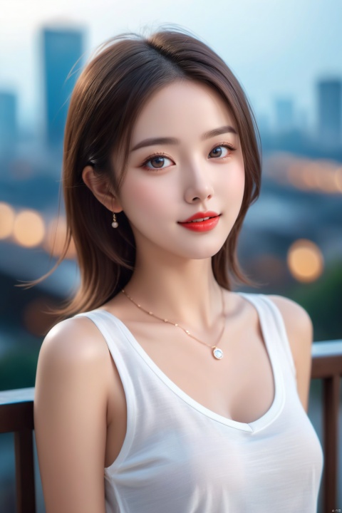  (masterpiece: 1.2), top quality, masterpiece, outstanding field, highly detailed wallpaper, perfect lighting (highly detailed CG: 1.2), painting, 1girl, solo, A girl wearing a white T-shirt appears alone in the photo, with full cheeks, double eyelids, almond-shaped eyes, blue pupils, slender figure, ample chest, deep brown medium-length hair, perfect lip shape, showing natural teeth when smiling, warm expression, warm gaze, red lips, necklace, hair and clothes,looking up at the camera,hanging down from the top, facing away, background is a city micro-landscape taken from a high-angled view