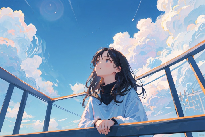 high quality, masterpieces, (looking up:1.4), 1girl, sky, solo, black hair, cloud, star (sky), night, railing, sweater, outdoors, rooftop, starry sky, night sky, medium hair, letterboxed, star (symbol), long sleeves, closed mouth, looking afar, messy hair, cloudy sky,Looking Angle,Lean over the fence,(from below:1.3),Side face,the girl look at the sky, watercolor \(medium\)