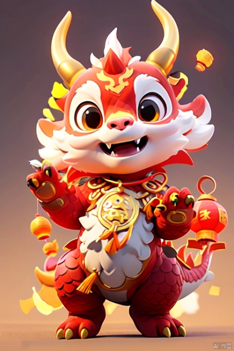  couplets, holding couplets,HTTP, fangs, solo, paper lantern, dragon, horns, open mouth, chinese new year, no humans, lantern, looking at viewer, smile, eastern dragon, claws, dragon horns, fireworks, banner, golden treasure