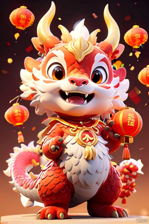  couplets, holding couplets,HTTP, fangs, solo, paper lantern, dragon, horns, open mouth, chinese new year, no humans, lantern, looking at viewer, smile, eastern dragon, claws, dragon horns, fireworks, banner, golden treasure