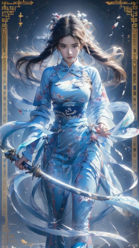 1 girl,solo,upper body) female focal point,Hanfu) (kimono) (skirt,blue long hair,Chinese clothing) (blue eyes) (bright pictures) red lips,bangs,earrings,kimono,Chinese cardigan,print,tassels,front view) (front view,sword (straight sword),Elemental Whirlwind,Chinese Dragon_ Imagination__ Cloud winding_ Huoyun_ Dragon,Chinese architecture.,(Masterpiece,very detailed CG Unity 8K wallpaper,the best quality,high-resolution illustrations,stunning,highlights,best lighting,best shadows,a very exquisite and beautiful,enhanced)·,liuyifei
