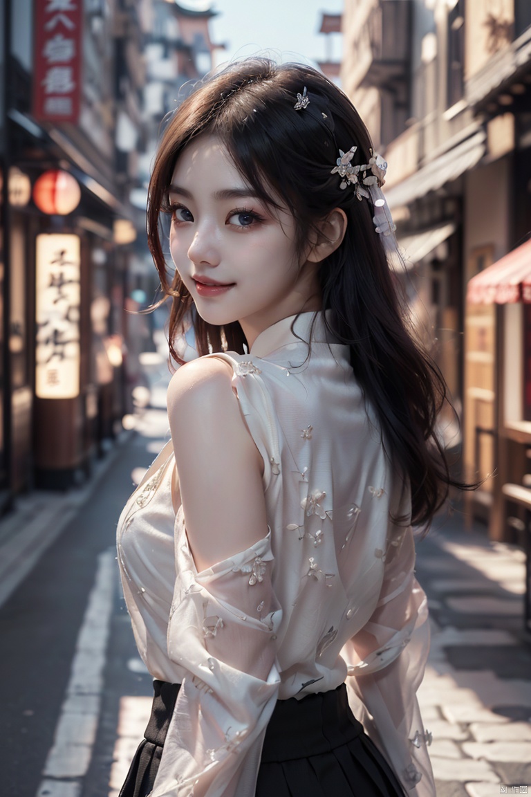  hair overshoulder,(精致的脸庞:1.7),Long Eyelashes,, bigeyes,"Masterpiece,(一个美女:1.4),sidewalk,day,game cg,skirt,smile,1girl,upper body,looking back