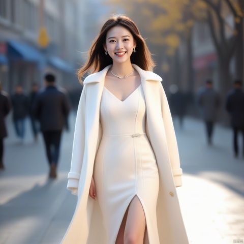  High quality, super high detail, masterpiece, super high definition, a Chinese girl, slim, smile, delicate face, long white dress, coat, high heels, on the street, sunshine, A girl