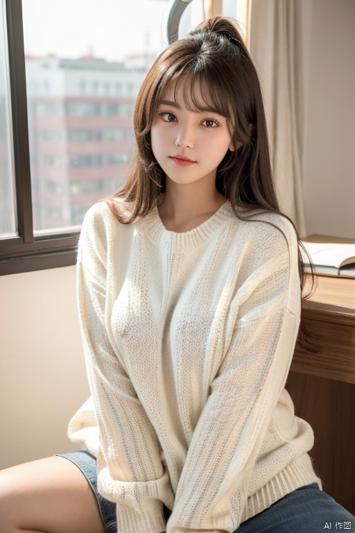 The girl,slightly chubby with wheatish skin,is sitting in front of a desk in her bedroom. She is wearing a striped sweater that is black and yellow in color. The sweater is made of a very soft material and has long fur on it. The sweater has a very delicate texture,with focused lighting,medium depth of field,and a dark background with high contrast and saturation.,,Translation,with a slightly plump figure and wheatish complexion,is seated in front of a desk in her bedroom. She is wearing a striped sweater that alternates between black and yellow colors. The sweater is made of an incredibly soft material and features long fur. The sweater has a very refined texture,with the lighting focused on her,medium depth of field,and a dark background that enhances the contrast and saturation.