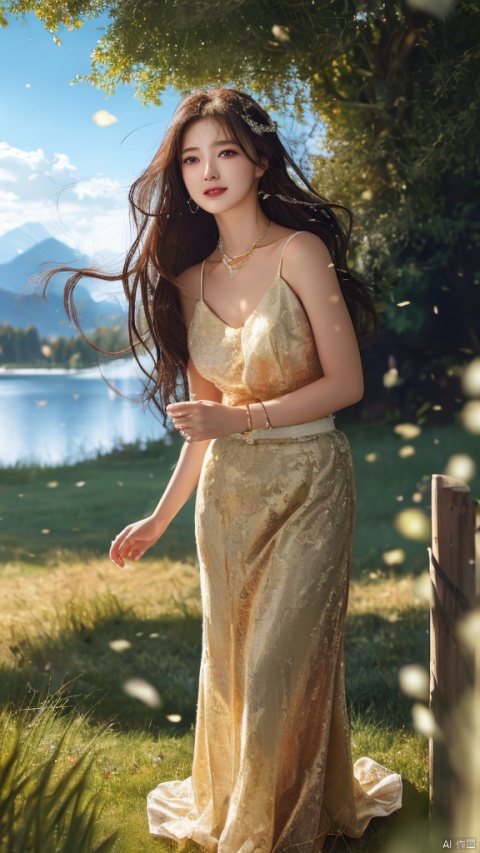 {masterpiece},{best quality},{1girl},Amazing,beautiful detailed eyes,solo,finely detail,Depth of field,extremely detailed CG,original,extremely detailed wallpaper,{{highly detailed skin}},{{messy_hair}},{small_breasts},{{longuette},{grassland},{yellow eyes},full body,incredibly_absurdres,{gold hair}.lace,floating hair,Large number of environments,the medieval,grace,A girl leaned her hands against the fence,ultra-detailed,illustration,birds,Altocumulus,8kwallpaper,hair_hoop,long_hair,gem necklace,hair_ornament,prospect,water eyes,wind,breeze,god ray,lawn,Mountains and lakes in the distance,The skirt sways with the wind,The sun shines through the trees,A vast expanse of grassland,fence,Blue sky,bloom,smile,glow,The grass sways in the wind