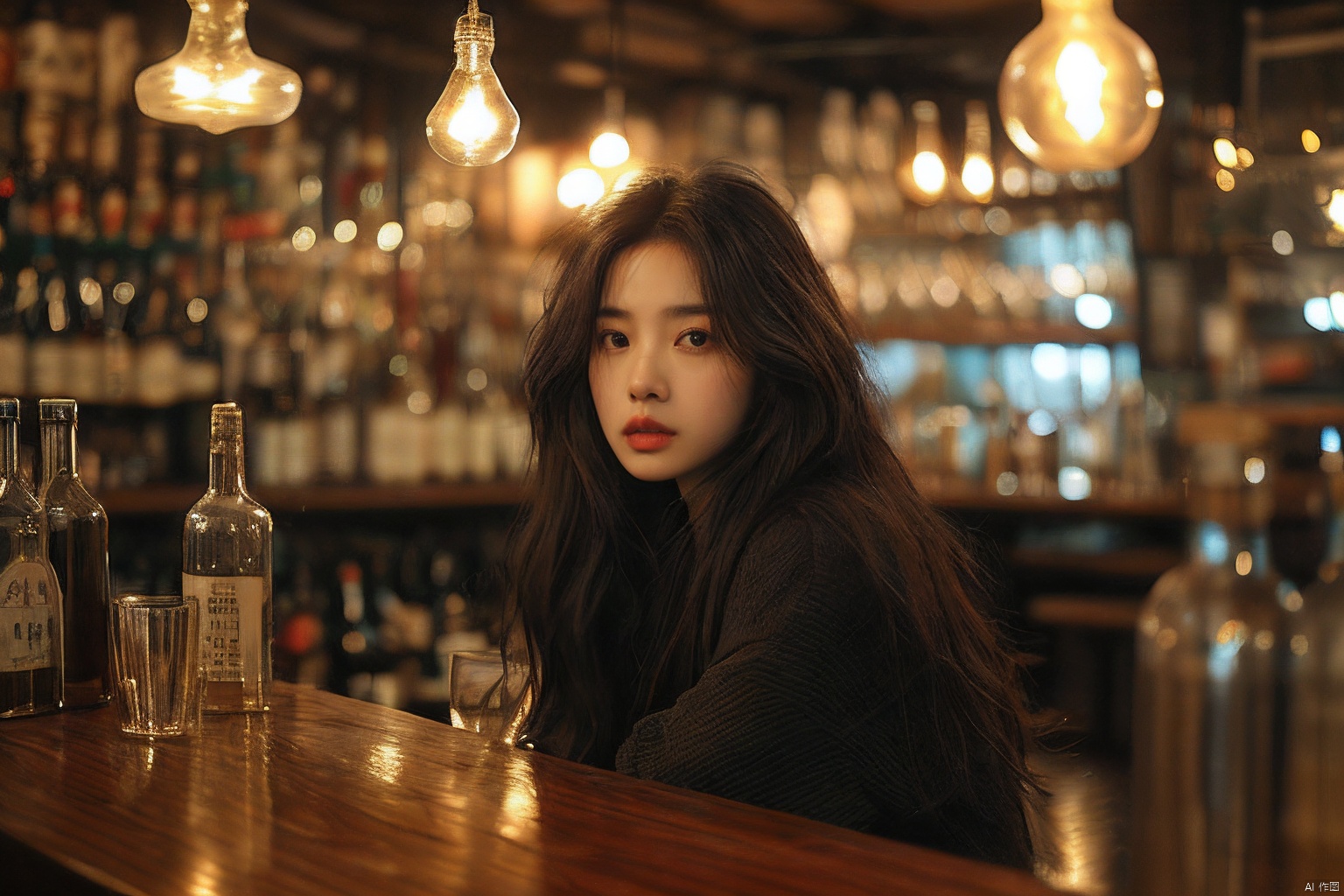  sdmai, fanhua, 1girl, solo, long hair, blurry, looking at viewer, brown eyes, brown hair, bottle, depth of field, parted lips, lips, cup, realistic, drinking glass,