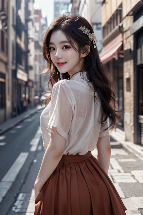 hair over shoulder,(精致的脸庞:1.7),Long Eyelashes,, big eyes,"Masterpiece,(一个美女:1.4),sidewalk,day,game cg,skirt,smile,1girl,upper body,looking back