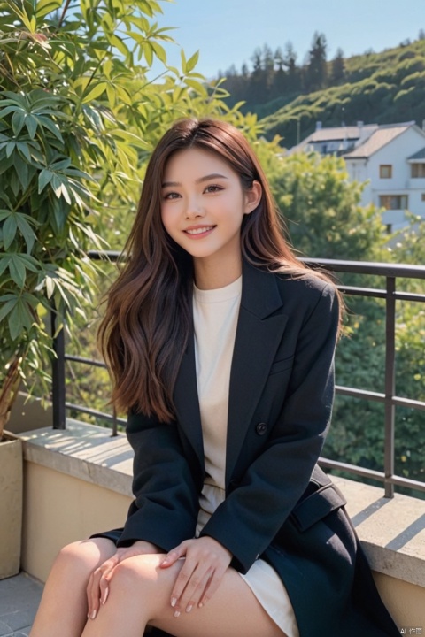  he image features a beautiful young Asian woman with long, dark hair sitting on a balcony. her eyes sparkling with joy and contentment. Her hair is neatly styled and her makeup is natural yet enhance her features. She wears a black coat that complements her skin tone. The lighting in the image is natural and warm, casting a soft glow on the woman and the surrounding environment. The colors in the image are vibrant and rich, with the blue sky and green trees in the background providing a beautiful contrast to the woman and the cat. The style of the image is casual yet elegant, with the woman's outfit and the setting creating a relaxed and comfortable atmosphere. The quality of the image is excellent, with sharp details and smooth transitions between colors and tones. The woman's action in the image is sitting and smiling, with her hands resting on the railing., HUBG_Beauty_Girl,