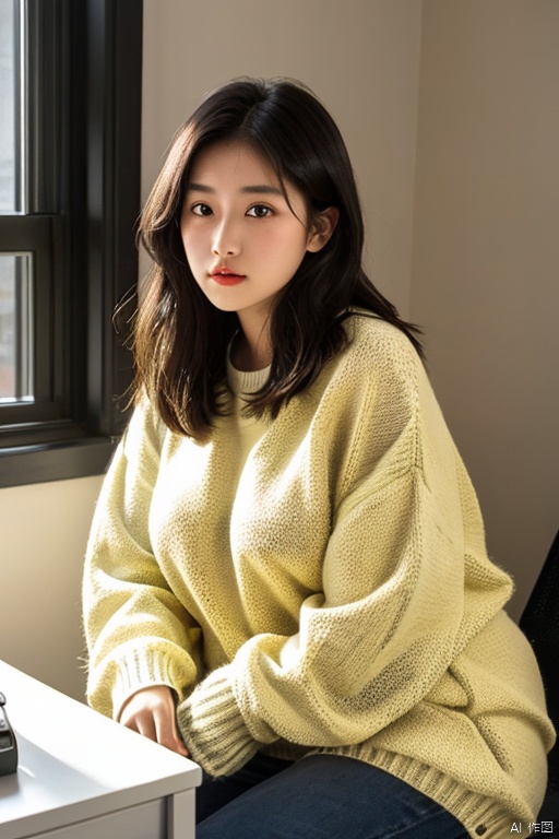 The girl,slightly chubby with wheatish skin,is sitting in front of a desk in her bedroom. She is wearing a striped sweater that is black and yellow in color. The sweater is made of a very soft material and has long fur on it. The sweater has a very delicate texture,with focused lighting,medium depth of field,and a dark background with high contrast and saturation.,,Translation,with a slightly plump figure and wheatish complexion,is seated in front of a desk in her bedroom. She is wearing a striped sweater that alternates between black and yellow colors. The sweater is made of an incredibly soft material and features long fur. The sweater has a very refined texture,with the lighting focused on her,medium depth of field,and a dark background that enhances the contrast and saturation.