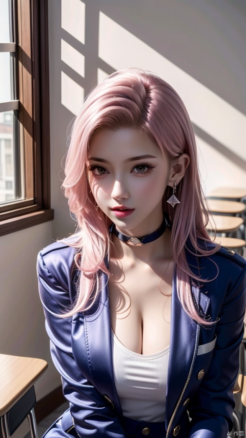 1girl,choker,cleavage,solo,jewelry,earrings,looking at viewer,long hair,indoors,window,chair,classroom,pink hair,shirt,uniform,lips,blue jacket,desk,jacket,black choker,day,brown eyes,upper body,white shirt,realistic,parted lips,v arms,yunyouyou