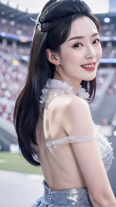 A mature woman,Chinese beauty,"Masterpiece,stadium,sky,close-up,skirt,smile,upper body,looking back